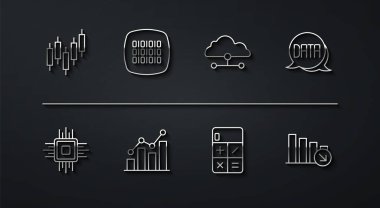 Satır Tarayıcısını hisse senedi piyasası, işlemci işlemcisi, veri analizi, hesap makinesi, pasta grafiği bilgisi, ikili kod, mali büyüme azalması ve ağ bulut bağlantı simgesi ile ayarla. Vektör