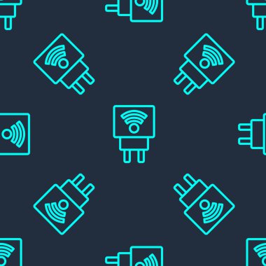 Yeşil çizgi Akıllı elektrik dolgu sistemi simgesi mavi arkaplanda izole edilmiş pürüzsüz desen. İnternet kavramının kablosuz bağlantısı. Vektör.