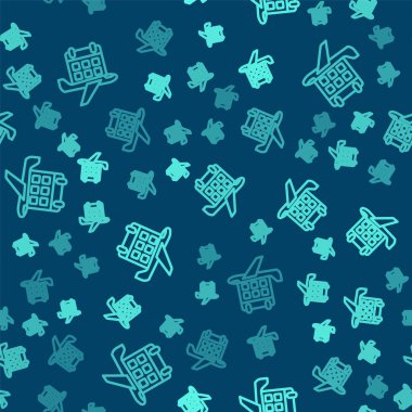 Yeşil Hat Seyahat Planlama takvimi ve uçak simgesi mavi arka planda izole edilmiş kusursuz desen. Planlanmış bir tatil gezisi. Vektör