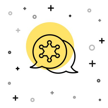 Siyah çizgi şerifi Hexagram simgesi beyaz arka planda izole edildi. Polis rozeti ikonu. Rastgele dinamik şekiller. Vektör