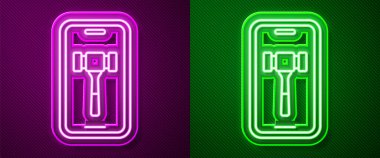 Parlayan neon hattı açık artırma simgesi mor ve yeşil arka planda izole edildi. Teklif tabelası. Açık arttırma teklifi. Satış ve alıcılar. Vektör