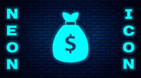 Glowing Neon Money Bag Icon Isolated Brick Wall Background Dollar — Stock Vector