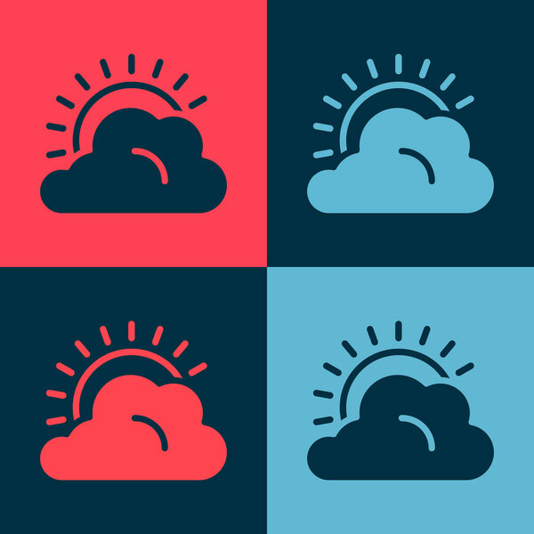 Pop art Sun and cloud weather icon isolated on color background.  Vector.