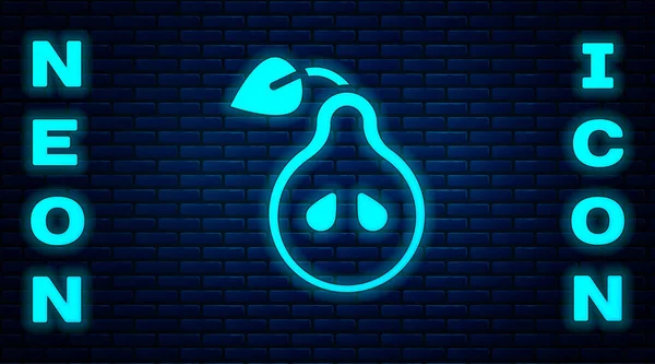 Glowing Neon Pear Icon Isolated Brick Wall Background Fruit Leaf — Stock Vector
