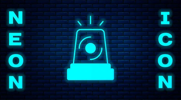 Leuchtende Neon Flasher Sirene Symbol Isoliert Auf Backsteinwand Hintergrund Notrufsirene — Stockvektor