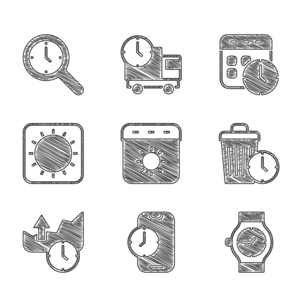 Set Kalender Sommer Wecker App Mobile Armbanduhr Zeitverschwendung Aktien Marktwachstum — Stockvektor