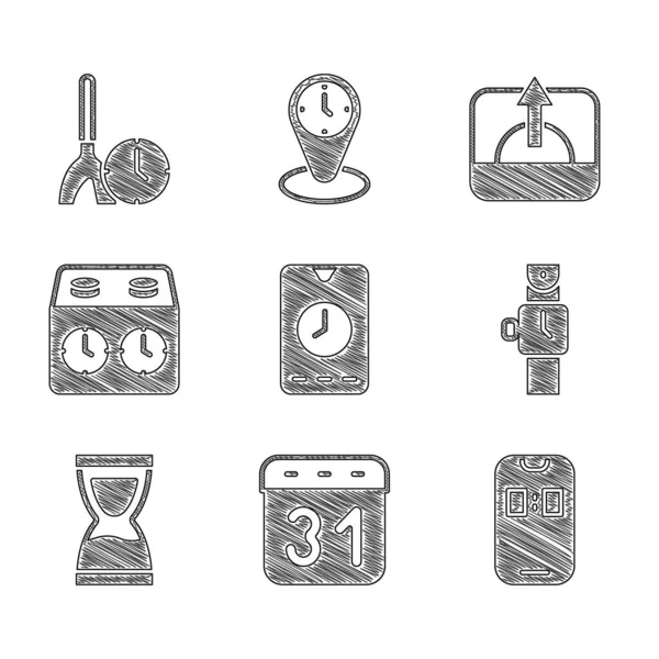 Set Alarm Clock App Mobile Calendar Wrist Watch Old Hourglass — Stock Vector