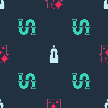 Ev temizlik servisini, bulaşık deterjanı şişesini ve endüstriyel metalik boruyu pürüzsüz desene ayarlayın. Vektör