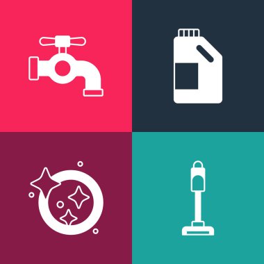 Sanatsal süpürge, bulaşık yıkama, temizlik malzemesi ve musluk ikonu için şişe ayarla. Vektör