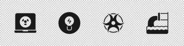Nükleer dizüstü bilgisayar, fikir kavramına sahip ampul, biyolojik tehlike sembolü ve atık su simgesini ayarla. Vektör