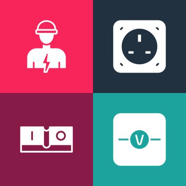 Voltmetreyi, elektrik düğmesini, elektrik prizini ve elektrik ikonunu ayarla. Vektör