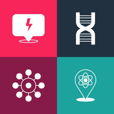 Pop sanatını Atom, Virüs, DNA sembolü ve Şimşek simgesini ayarla. Vektör