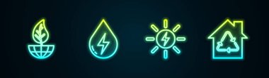 Yerküre ve yaprak, su enerjisi, güneş paneli ve geri dönüşümlü eko ev hattını ayarlayın. Parlayan neon ikonu. Vektör