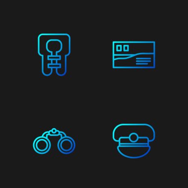 Kaptan şapkası, dürbün, can yeleği ve kartpostal seyahati. Renk simgeleri. Vektör