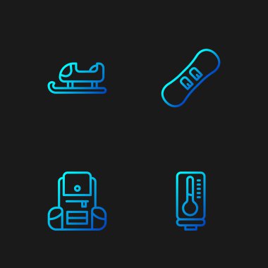 Meteoroloji termometresi, yürüyüş sırt çantası, kızak ve snowboard ayarlayın. Renk simgeleri. Vektör