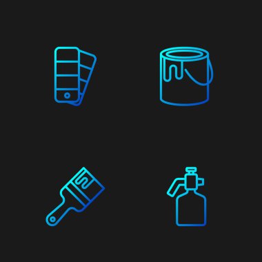 Çizgi boyası sprey tabancası, fırça, renk palet rehberi ve kova. Renk simgeleri. Vektör