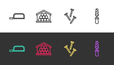 Demir testeresi, tahta kütükler, metal çiviler ve Rasp metal dosyası. Vektör