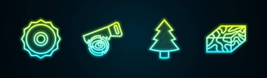 Düz çizgi testere bıçağı, el ve kütük, Noel ağacı ve tahta kiriş. Parlayan neon ikonu. Vektör