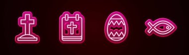 Mezar, Paskalya takvimi, yumurta ve Hristiyan balık sembolü. Parlayan neon ikonu. Vektör