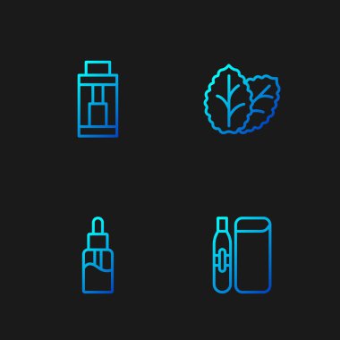 Elektronik sigara, Vape sıvı şişe, mod cihazı ve tütün yaprağı. Renk simgeleri. Vektör