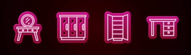 Sırayı, soyunma masasını, gardırobu ve ofis masasını ayarla. Parlayan neon ikonu. Vektör