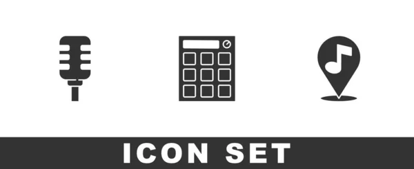Nastavit Ikonu Mikrofon Buben Umístění Noty Vektor — Stockový vektor