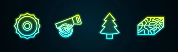 ラインの皮をむいた鋸 手およびログ クリスマス ツリーおよび木のビームを置いて下さい 光るネオンアイコン ベクター — ストックベクタ
