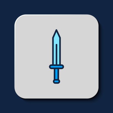Filled outline Medieval sword icon isolated on blue background. Medieval weapon.  Vector