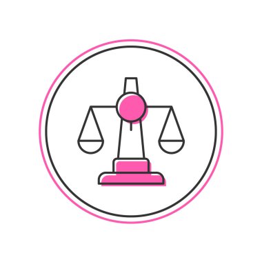 Beyaz arka planda izole edilmiş adalet simgesinin ana hatlarıyla dolu. Hukuk mahkemesi sembolü. Denge tabelaları. Vektör