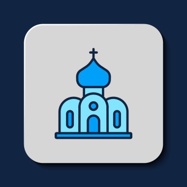 Filled outline Church building icon isolated on blue background. Christian Church. Religion of church.  Vector