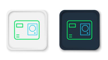 Çizgi Eylemi ekstrem kamera simgesi beyaz arkaplanda izole edildi. Ekstrem sporları çekmek için video kamera ekipmanı. Renkli taslak konsepti. Vektör