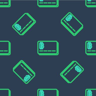 Bitcoin simgesine sahip çizgi kredi kartı mavi arka planda izole edilmiş kusursuz desen. Çevrimiçi ödeme. Nakit çekilmesi. Modern ödeme yöntemi. Vektör