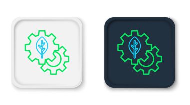 Çizgi Yaprak bitki ekolojisi vites makinesi simgesinde beyaz arka planda izole edildi. Çevre dostu teknoloji. Dünya Çevre Günü etiketi. Renkli taslak konsepti. Vektör