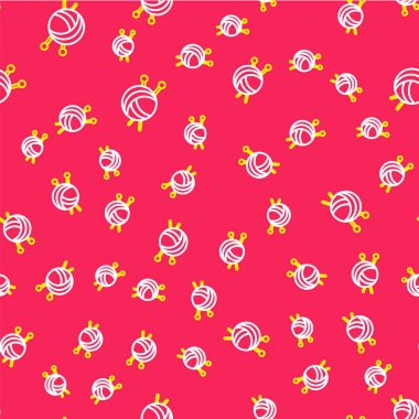 Örgü iğneleri ikonlu çizgi ipliği topu kırmızı arka planda izole edilmiş dikişsiz desen. El yapımı, örgü ya da terzi için etiket. Vektör