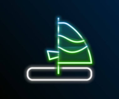 Parlayan neon hattı rüzgar sörfü simgesi siyah arkaplanda izole edildi. Renkli taslak konsepti. Vektör