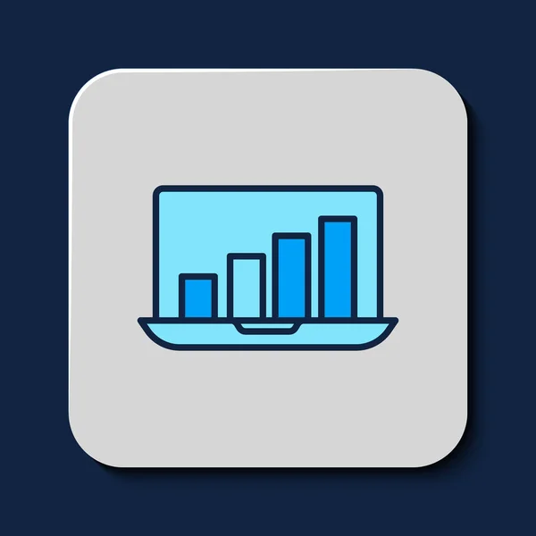 青色の背景に隔離されたグラフチャートアイコン付きのアウトラインラップトップ テキストファイルアイコンをレポートします 会計サイン プランニング ベクター — ストックベクタ