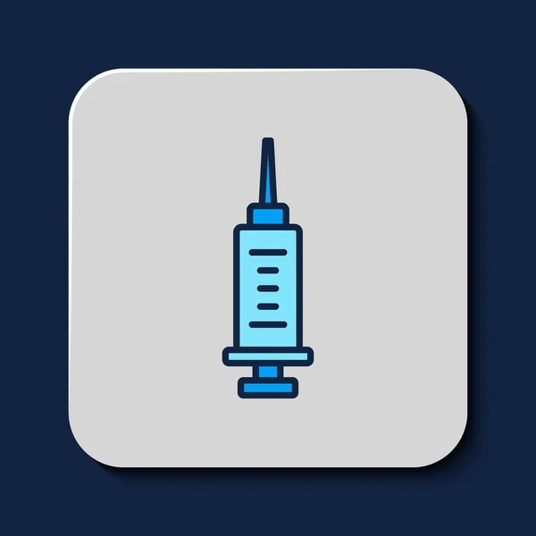 填充轮廓注射器图标孤立在蓝色背景 疫苗注射器 注射器 流感疫苗 医疗设备 — 图库矢量图片
