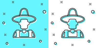 Yeşil ve beyaz arka planda izole edilmiş şapka ikonundaki siyah çizgi çiftçisi. Rastgele dinamik şekiller. Vektör