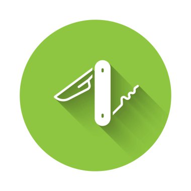 Uzun gölgeli beyaz İsviçre ordu bıçak ikonu. Çoklu alet, çok amaçlı çakı. Çok fonksiyonlu bir alet. Yeşil daire düğmesi. Vektör