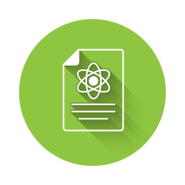 Beyaz Kimya raporu simgesi uzun gölge arkaplanı ile izole edildi. Yeşil daire düğmesi. Vektör