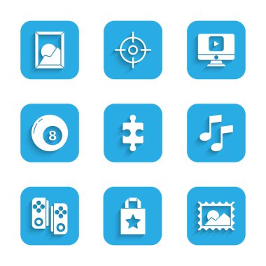 Yapboz, kağıt poşet, posta pulu, nota, nota, nota, oyun bloğu, bilardo topu, online oyun videosu ve manzara ikonu. Vektör