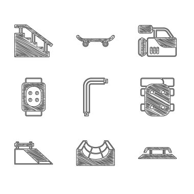 Tool allen anahtarları, kaykay parkı, raylı kaykay merdivenleri, dizlikleri, sinema kamerası ve ikonu ayarlayın. Vektör