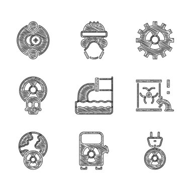 Atık su, elektrikli araba şarj istasyonu, radyasyon elektrik prizi, radyoaktif atık varili, dünya gezegeni ve radyasyon ikonu. Vektör