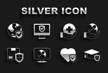 Şemsiye, elinde kalkanlı mezuniyet şapkası, hayat sigortası, teslimat güvenliği, Shield World Globe ve Sigorta online ikonu. Vektör
