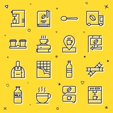 Çizgi kahve makinesi, şeker çubuğu paketleri, sokak tabelası kahvesi, kaşık, bardak ve kitap, paket konumu. Vektör