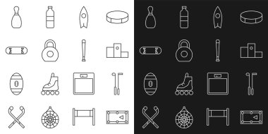 Set hattı bilardo masası, golf kulübü, spor podyumu, sörf tahtası, Kettlebell, kaykay numarası, bowling broşu ve beysbol sopası ikonu ödülleri. Vektör