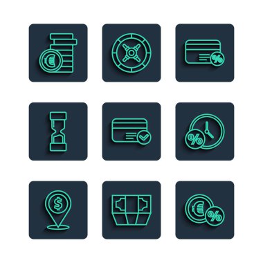 Nakit para, kağıt para yığını, yüzdelik para, indirimli kart, kredi kartı, eski kum saati, avro para sembolü ve saat ve ikon. Vektör