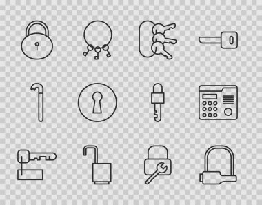 Satır İşaretli anahtar, bisiklet kilidi, anahtarlar, kilidi aç, kilidi aç, anahtar deliği, onarım ve House dahili iletişim sistemi simgesi. Vektör