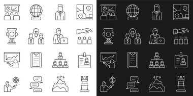 İş stratejisi, kimlik kartı, çalışanı olan patron, işçi, ampul, ödül kupası, eğitim, sunum ve iş adamı ikonu. Vektör