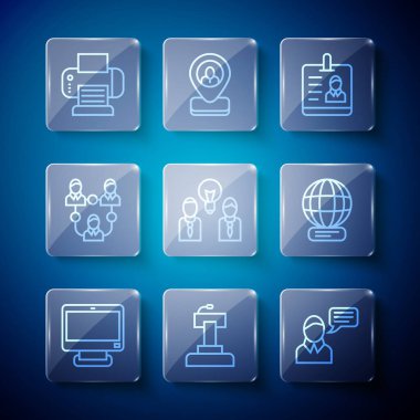 Çizgi bilgisayar monitörü, sahne tribünü, konuşma balonu sohbeti, kimlik kartı, ampullü insanlar, proje ekibi tabanı, yazıcı ve dünya çapında simge. Vektör